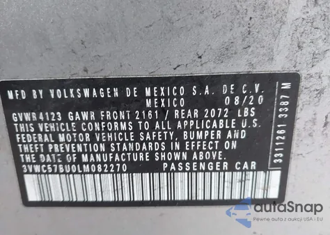 2020 Volkswagen Jetta 1.4T R-Line/1.4T S/1.4T Se из США, поврежденный, VIN 3VWC57BU0LM082270